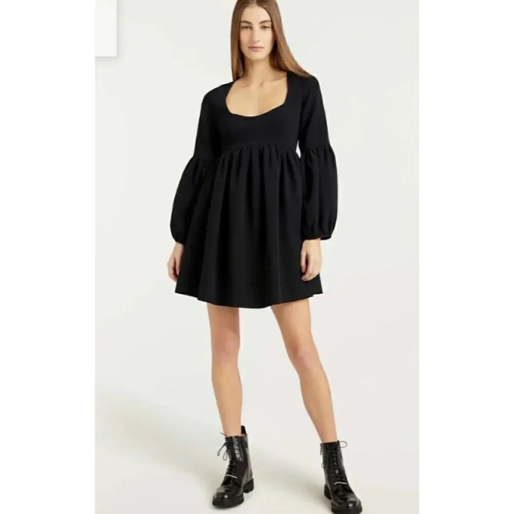 Cinq a Sept Womens Dorina Babydoll Crepe Mini Dress Lantern Sleeve 10 Black NWT